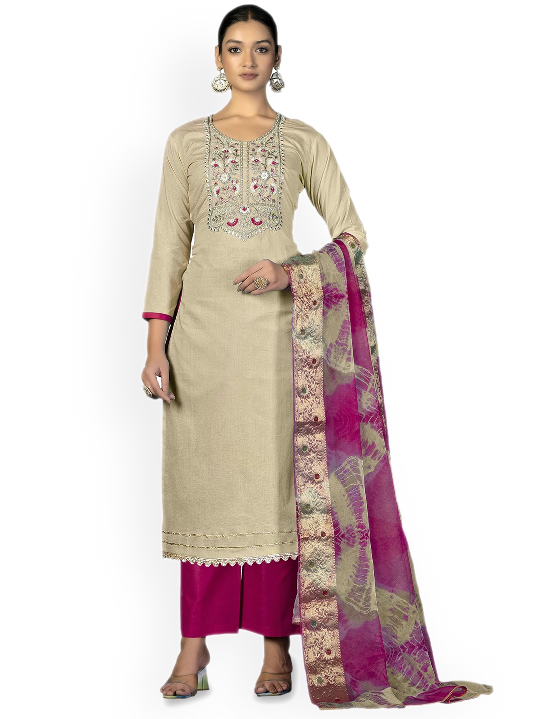 

Maroosh Floral Embroidered Unstitched Dress Material, Beige