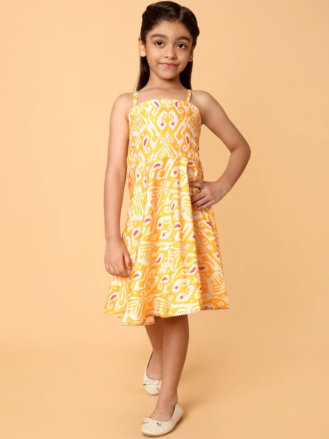 

Indo Era Girls Ethnic Motifs Printed A-Line Dress, Yellow