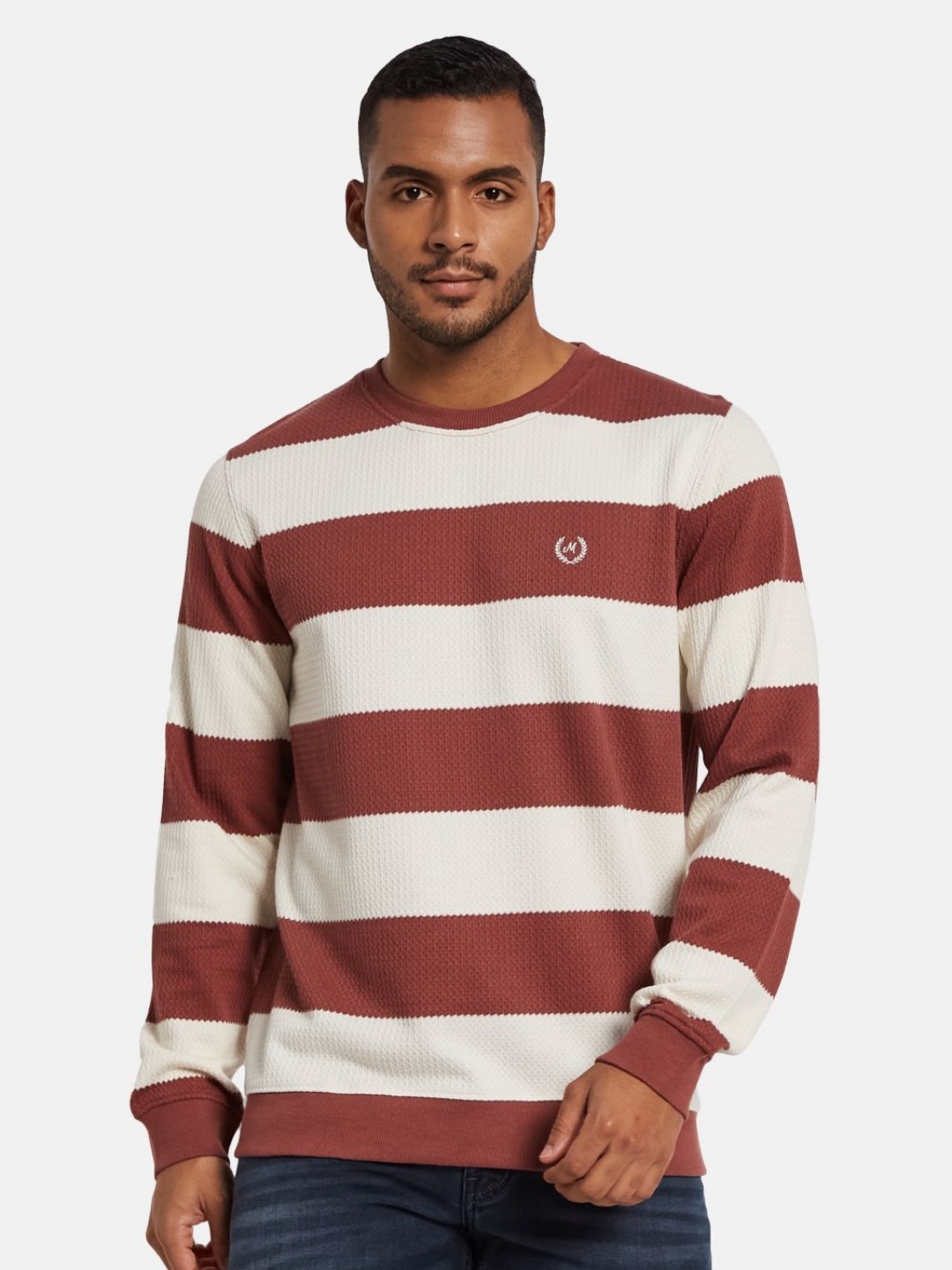 

METTLE Men Striped Round Neck Cotton T-shirt, Coral