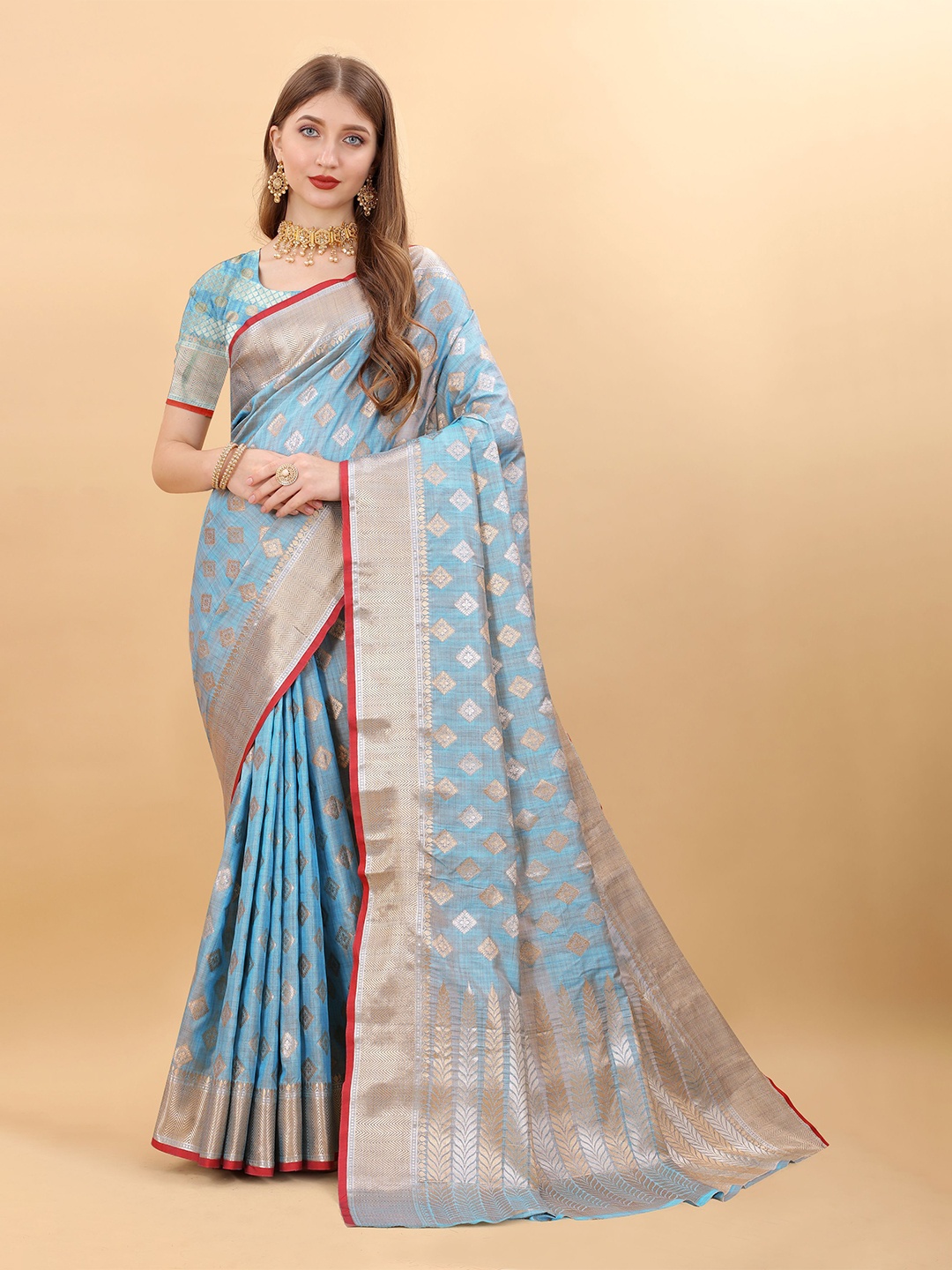 

NIWAA Woven Design Zari Pure Cotton Banarasi Saree, Blue