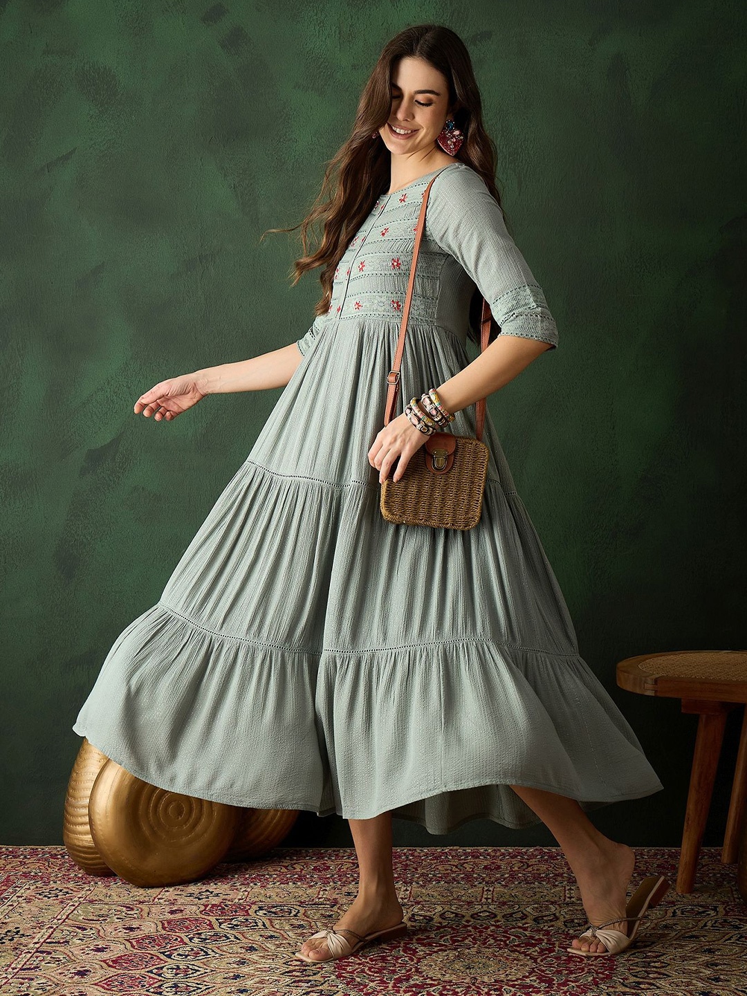 

Sangria Women Round Neck Cotton Fit & Flare Dresses, Grey