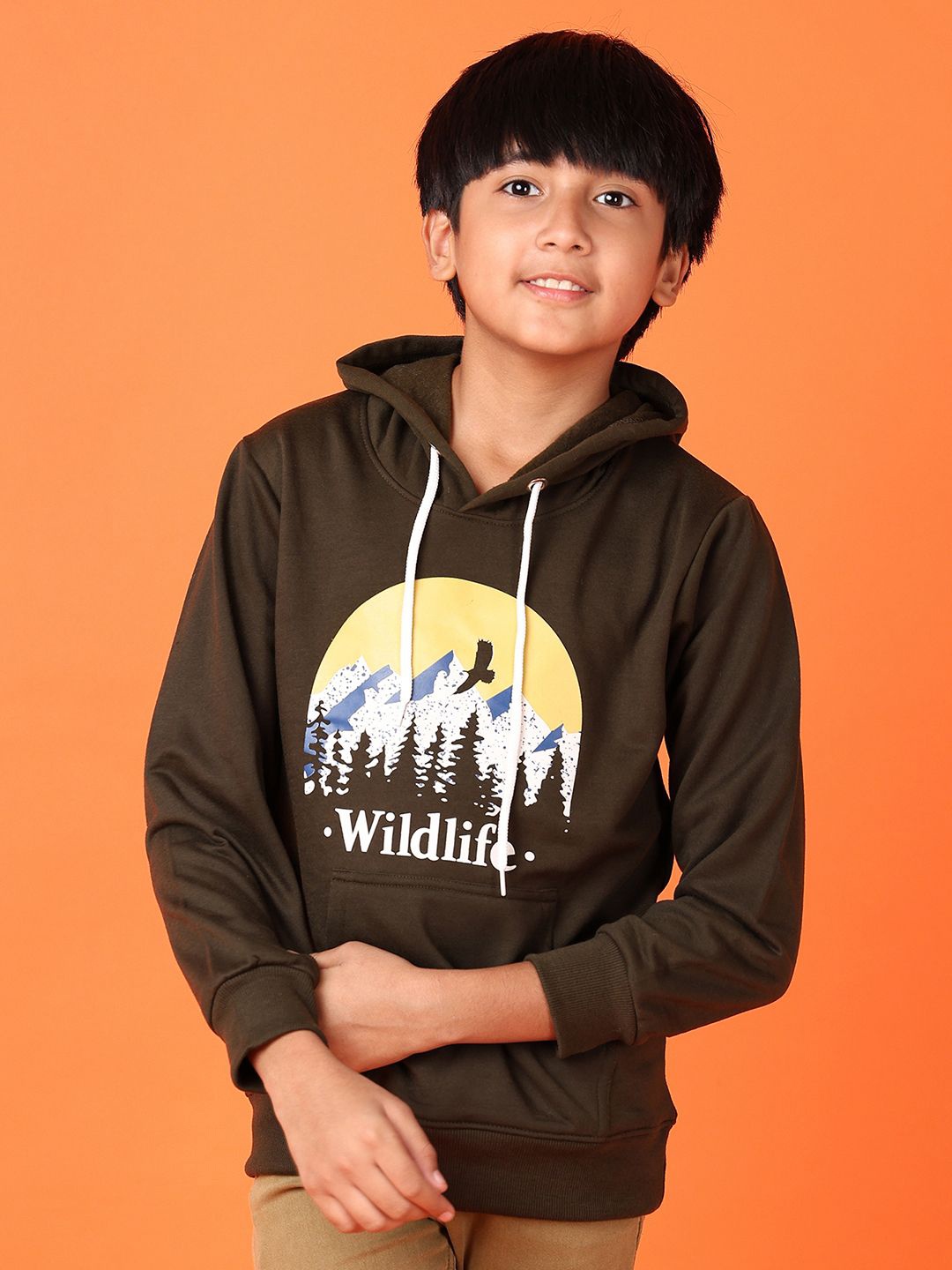 

V-Mart Boys Printed Hooded Sweatshirt, Olive