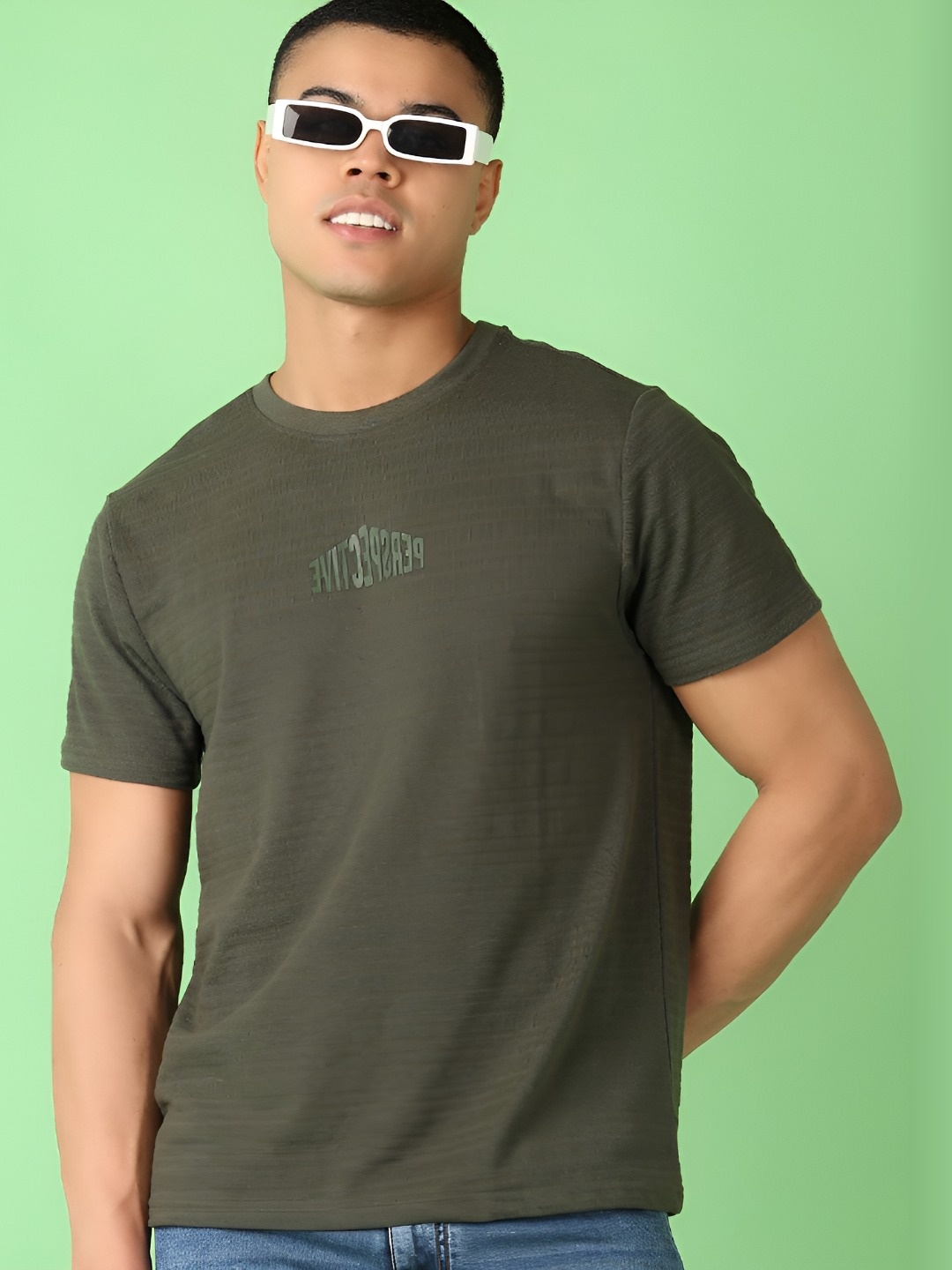 

V-Mart Men Typography Printed Round Neck Cotton T-shirt, Olive