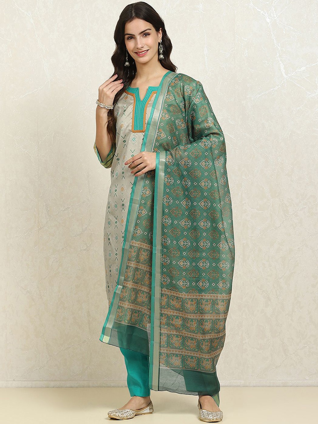 

Biba Geometric Printed Pure Cotton Unstitched Dress Material, Green