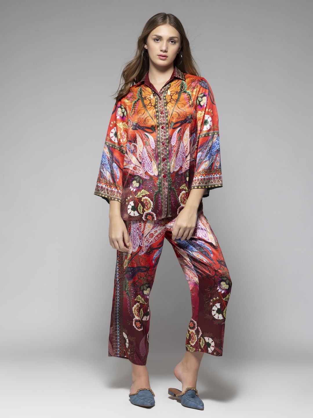 

SHAYE Printed Shirt Collar Tunic With Trouser, Brown