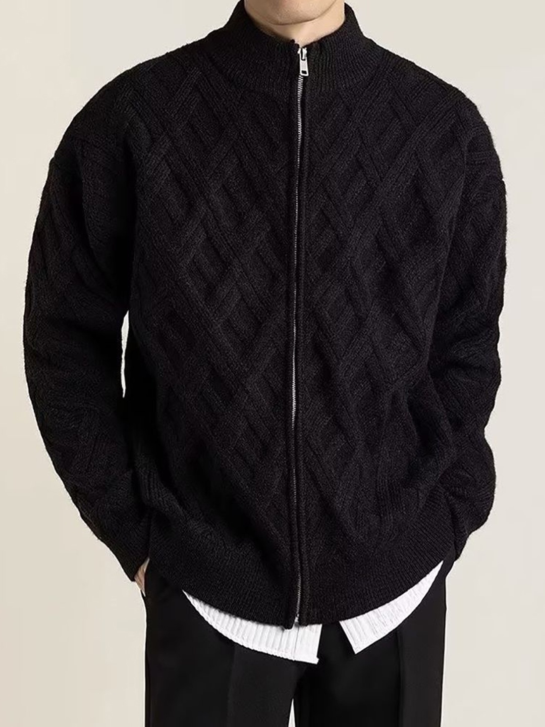 

StyleCast x Revolte Men Cable Knit Solid Mock Collar Pullover Cardigan, Black