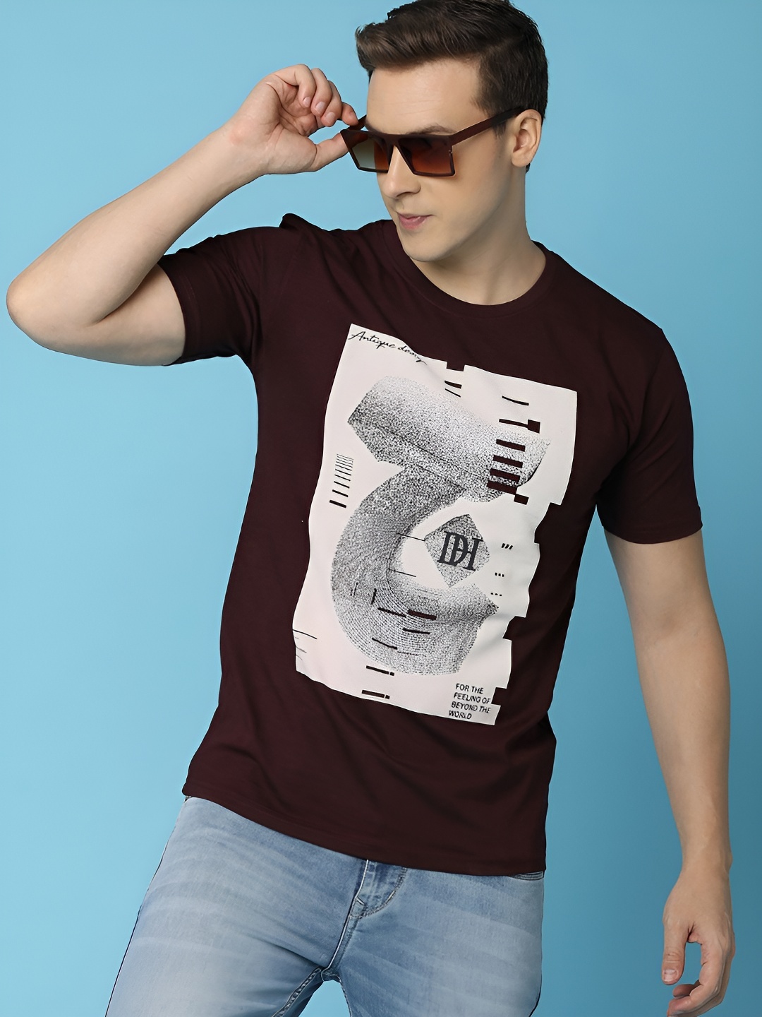 

V-Mart Men Graphic Printed Round Neck Cotton T-shirt, Maroon