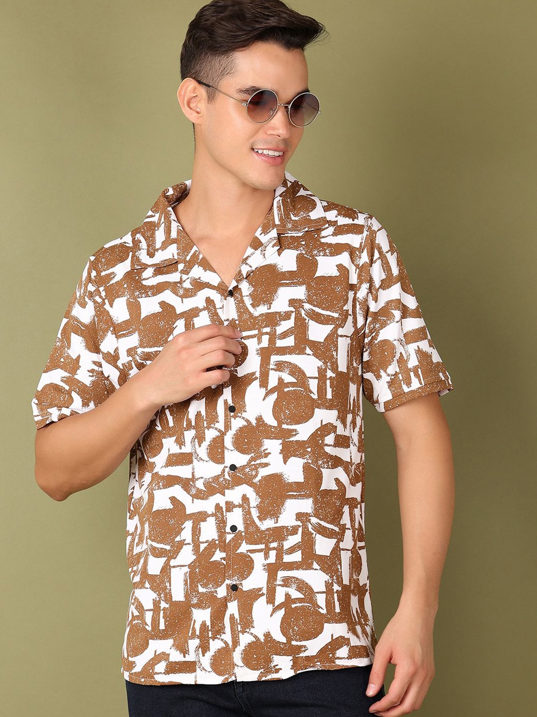 

V-Mart Men Cuban Collar Abstract Printed Casual Shirt, White