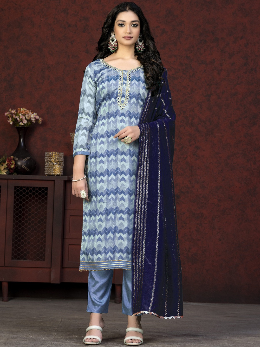 

Maroosh Ethnic Motifs Embellished Thread Work Unstitched Dress Material, Navy blue