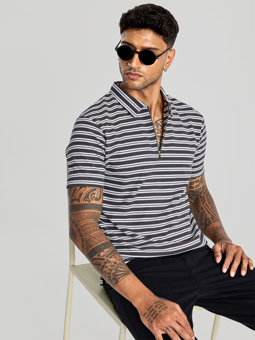 

Snitch Men Striped Polo Collar Cotton Slim Fit T-shirt, Charcoal