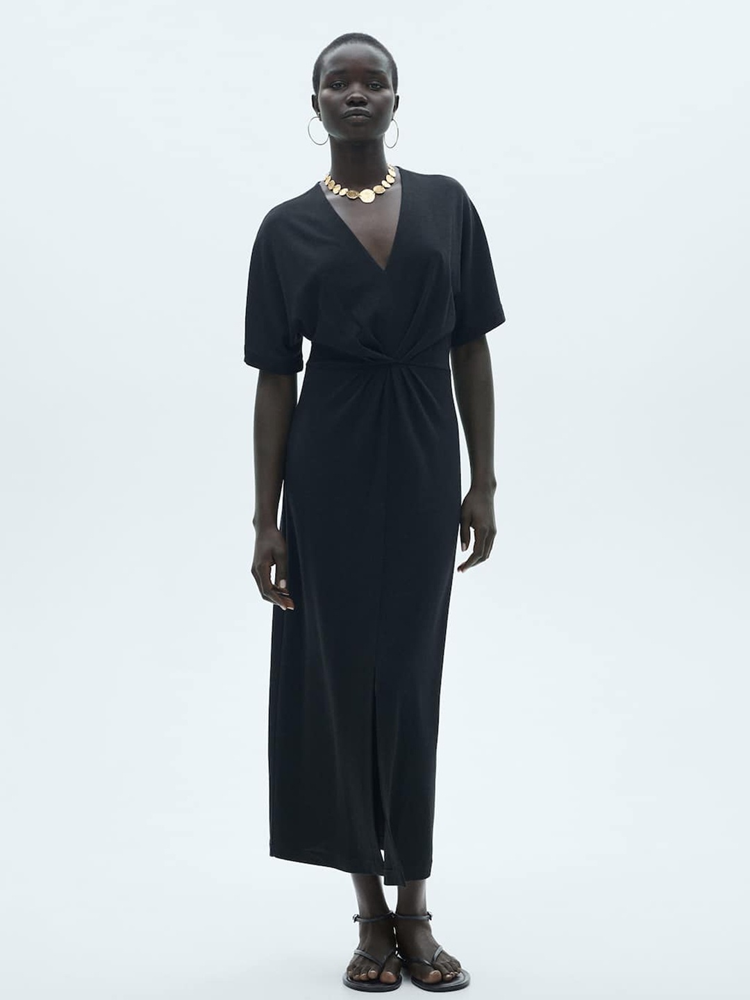 

MANGO Front Slit A-Line Midi Dress, Black