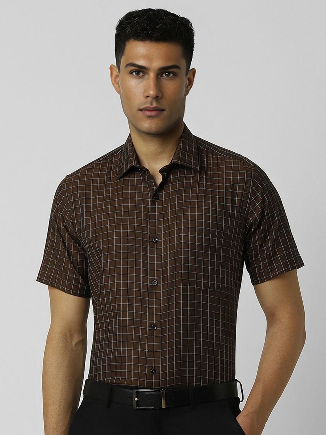 

Van Heusen Men Spread Collar Windowpane Checked Cotton Slim Fit Formal Shirt, Brown