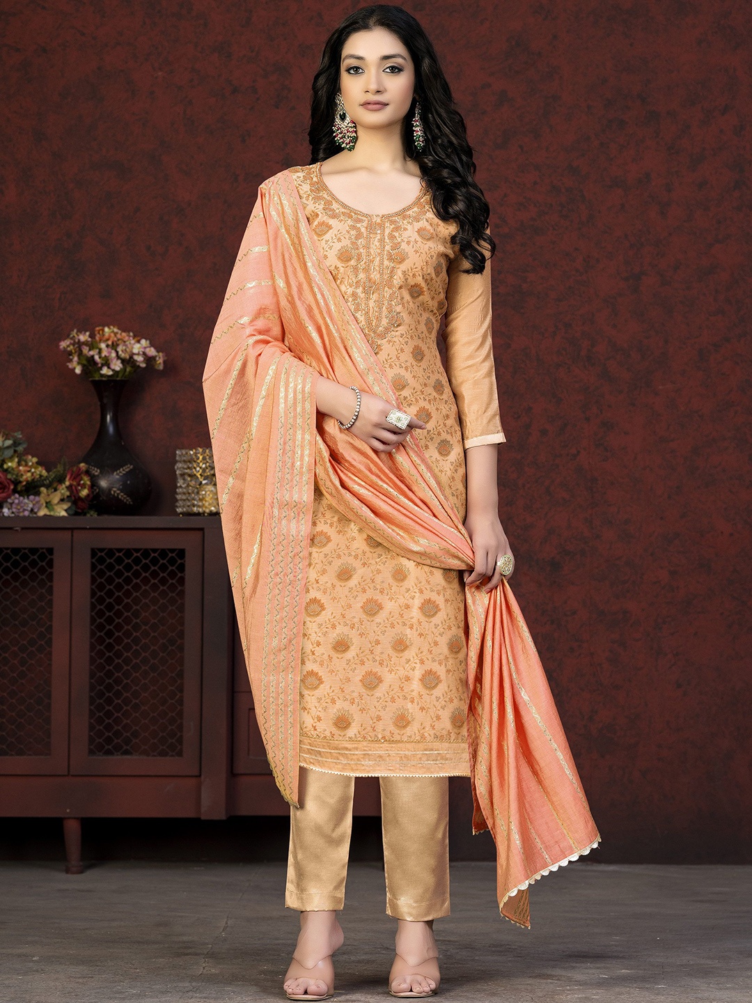 

Maroosh Geometric Embellished Unstitched Dress Material, Orange