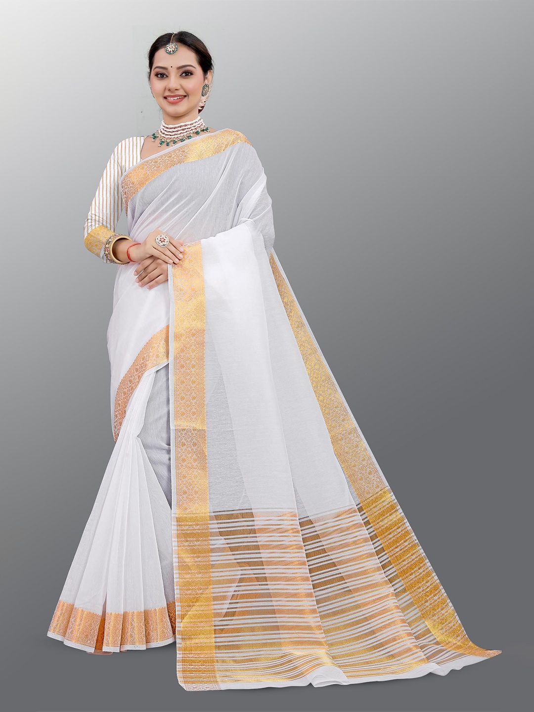 

THE52 Woven Design Zari Pure Silk Kasavu Saree, White