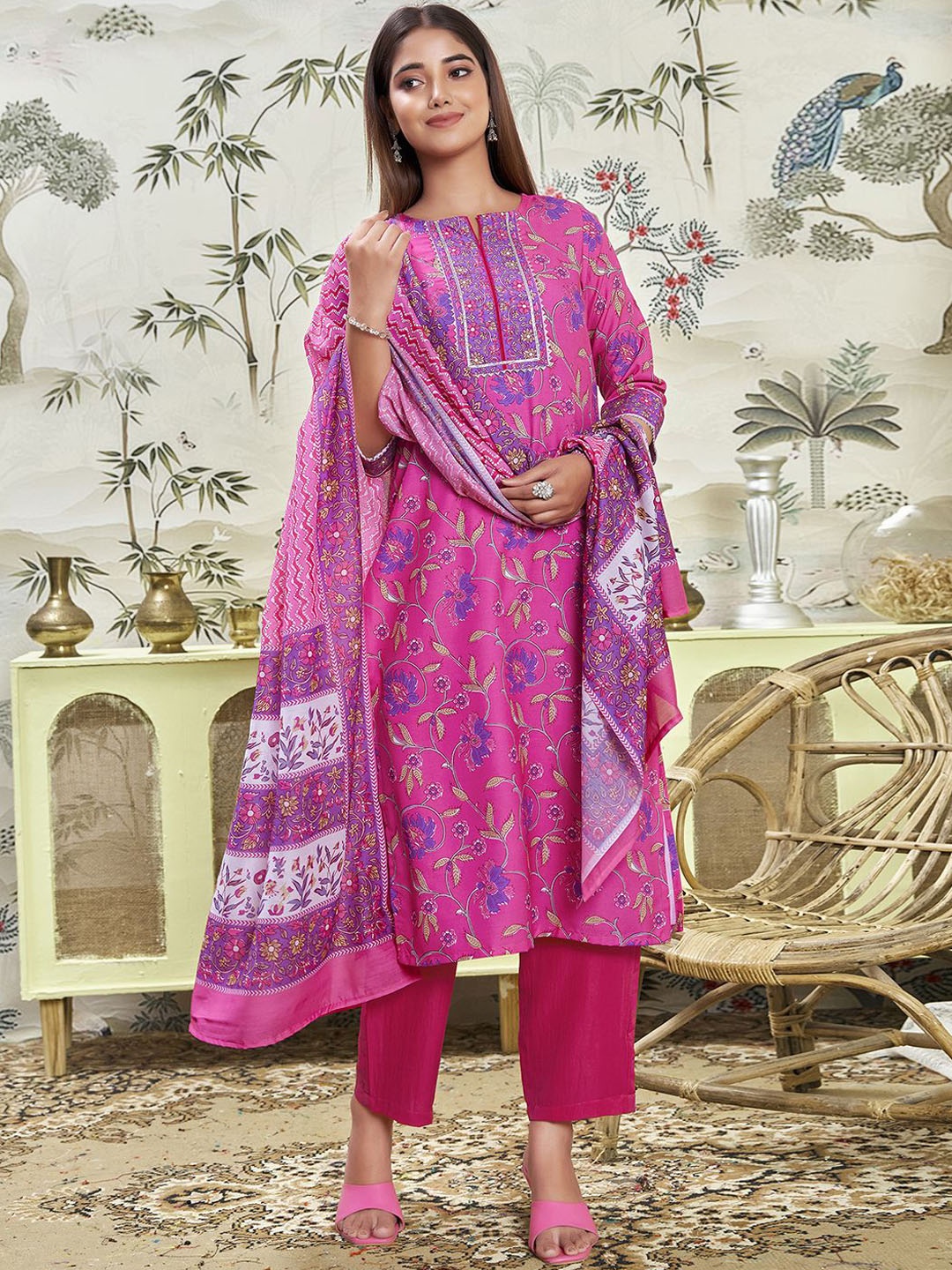 

KALINI Floral Printed Gotta Patti Kurta with Trouser & Dupatta, Pink