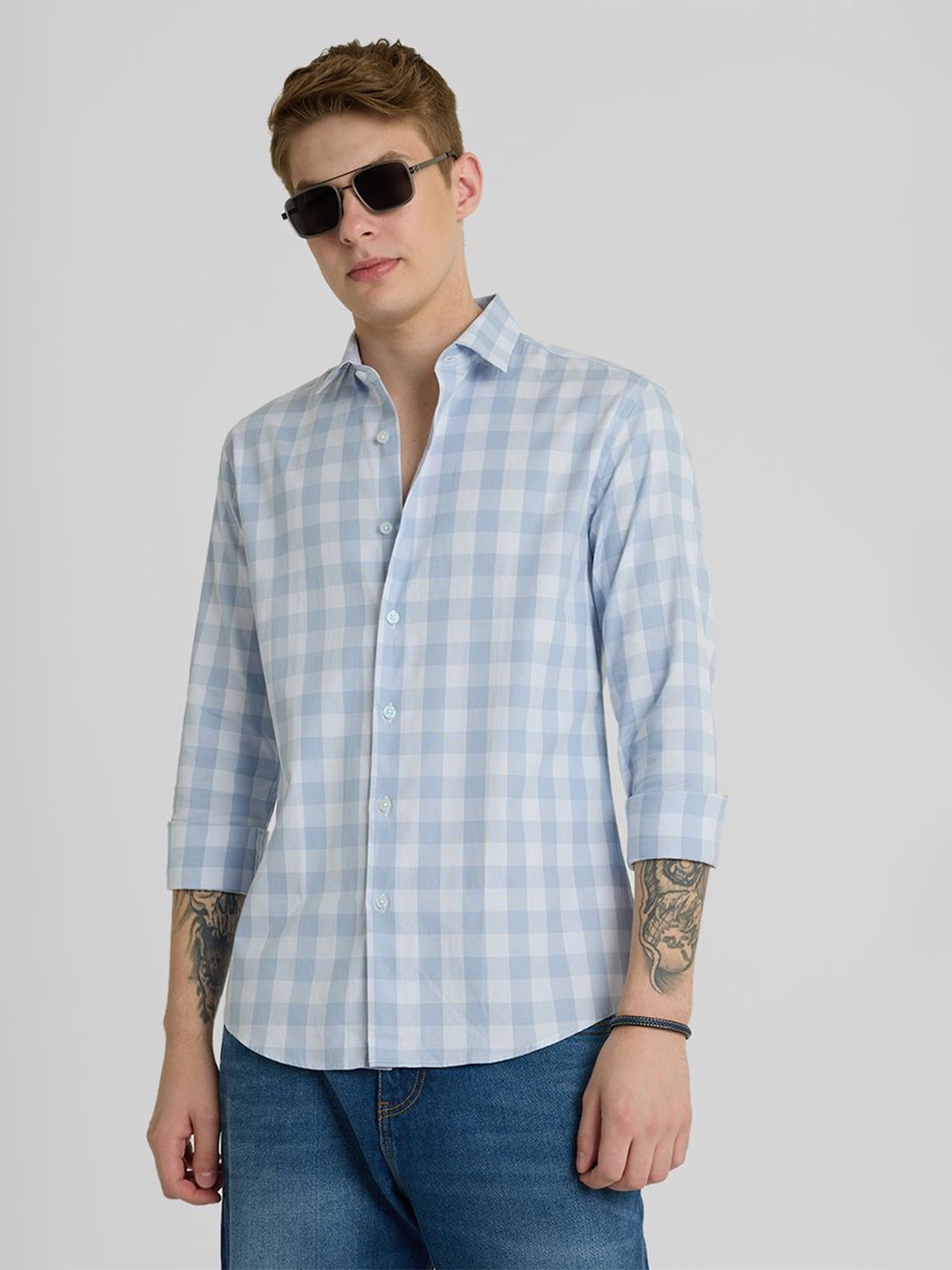 

Snitch Men Smart Spread Collar Gingham Checked Casual Shirt, Blue