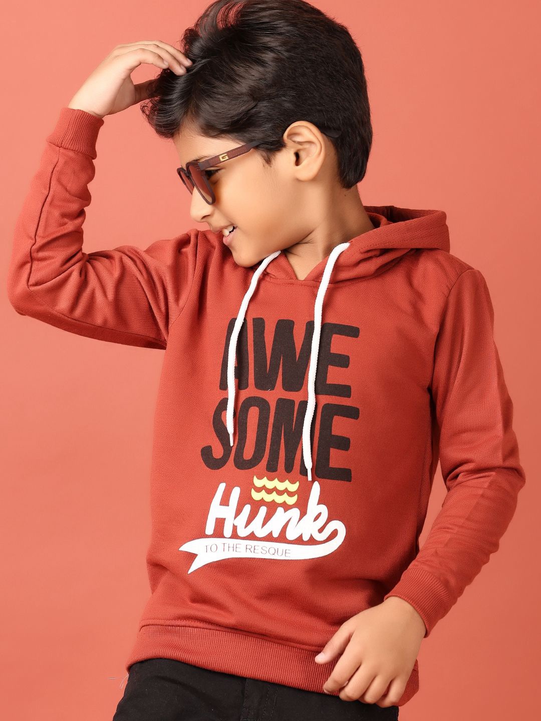 

V-Mart Boys Printed Hooded Pullover Sweatshirt, Rust