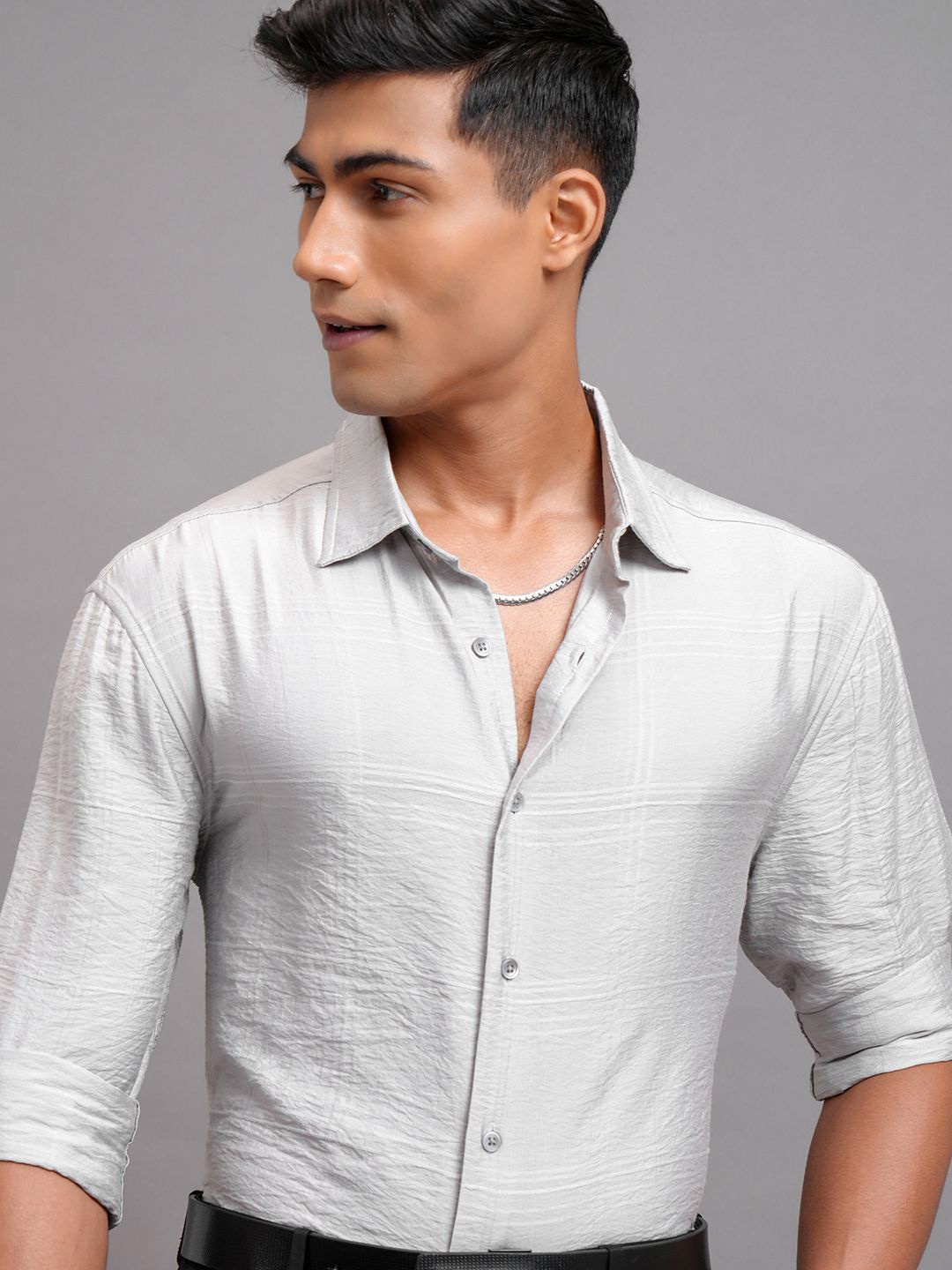 

Highlander Men Jacquard Textured Checked Relaxed Shirt, Grey
