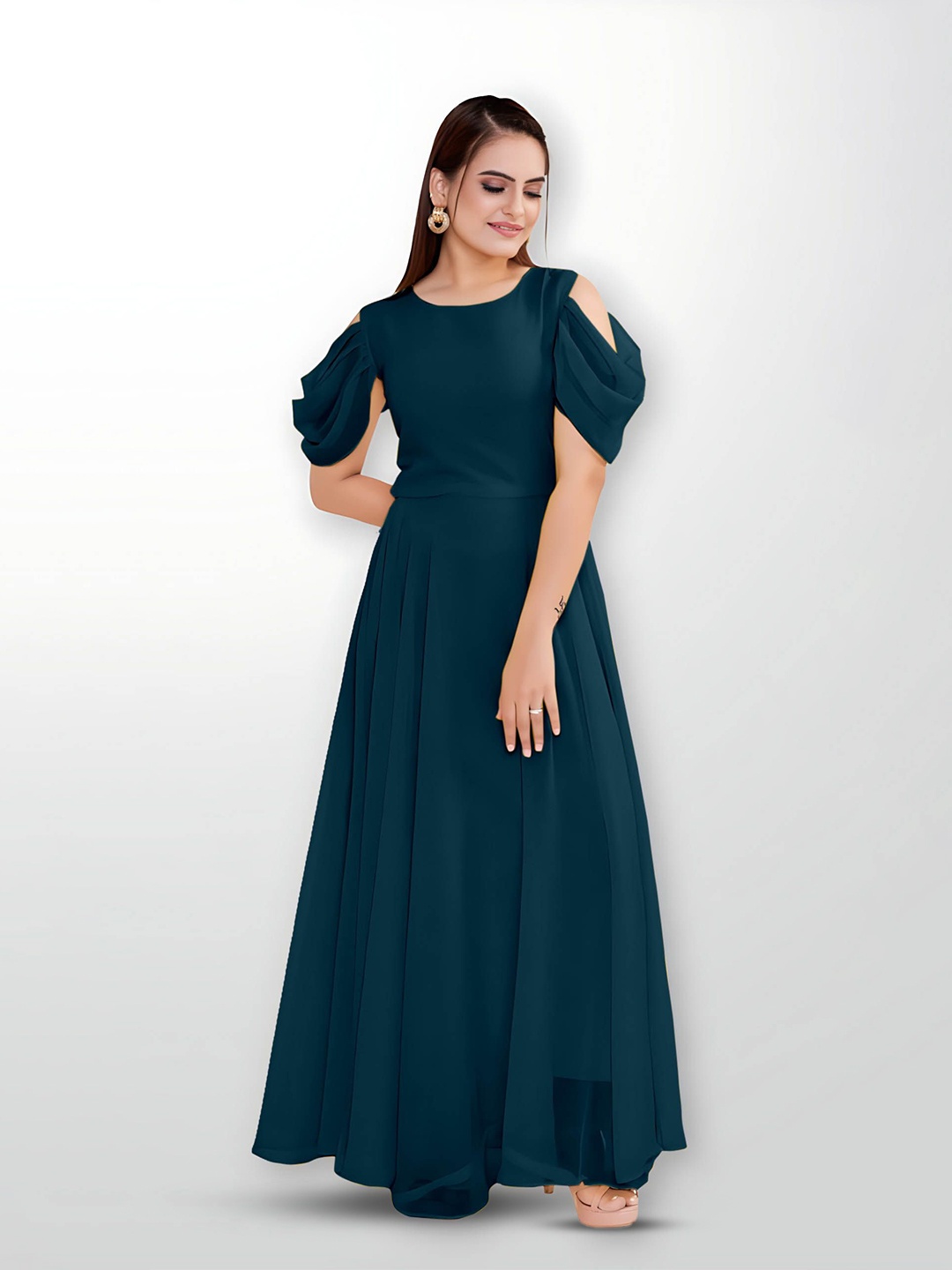 

Krunal Raiyani Women Bell Sleeve Applique Fit & Flare Maxi Dress, Blue
