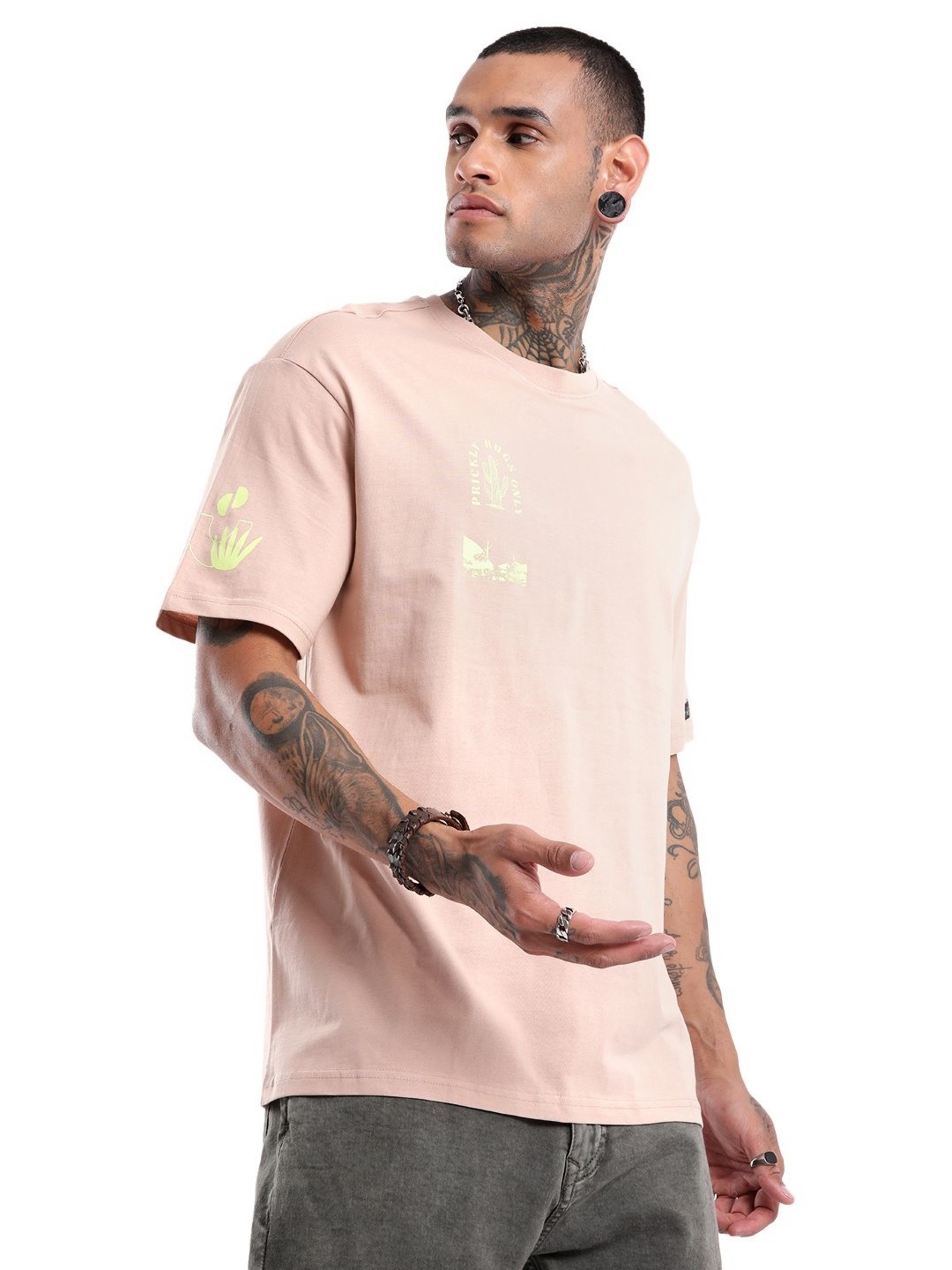 

WROGN Men Typography Printed Round Neck Cotton Oversized T-shirt, Pink