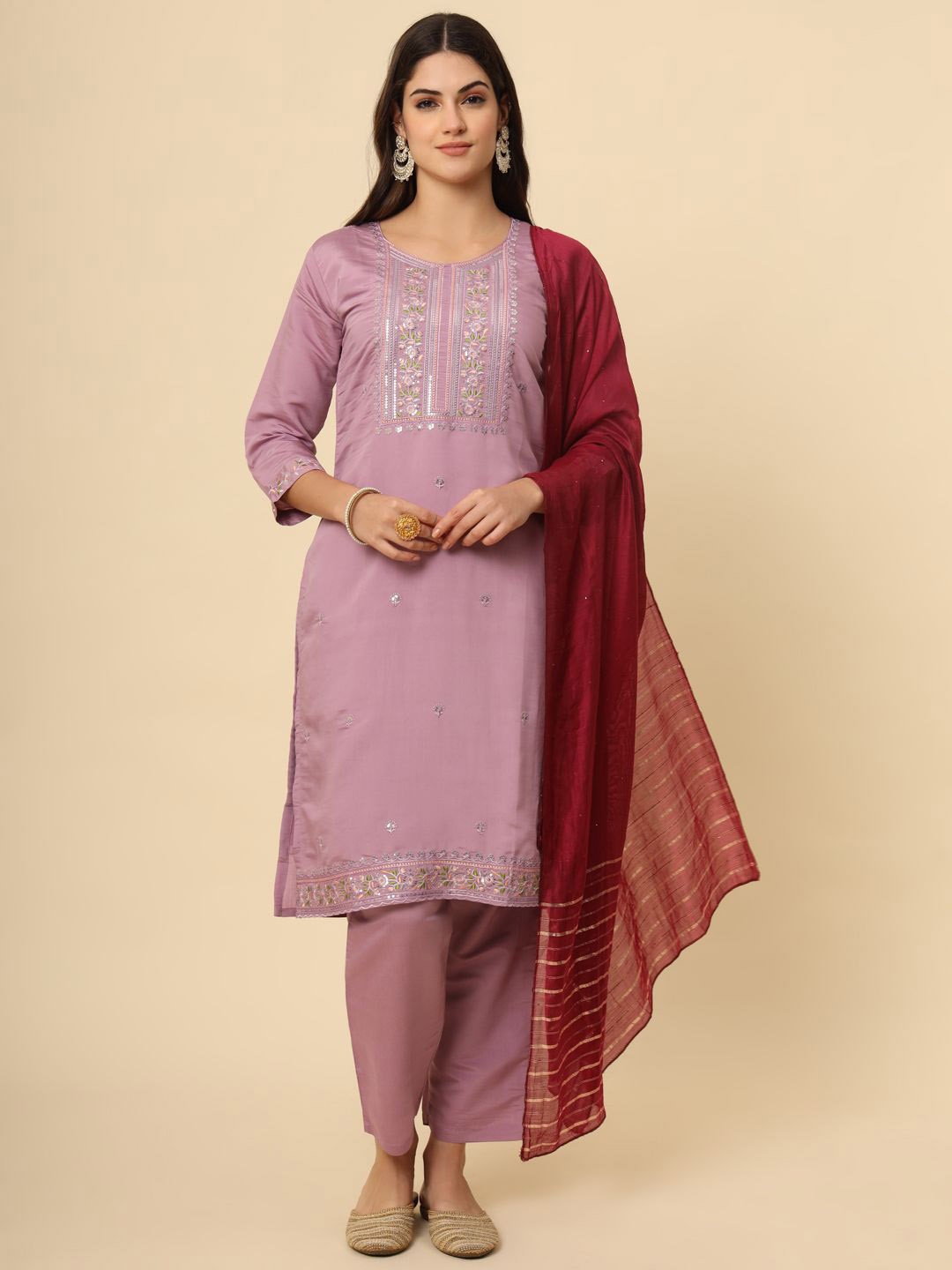 

HERE&NOW Campa Floral Embroidered Straight Thread Work Kurta with Trouser & Dupatta, Lavender