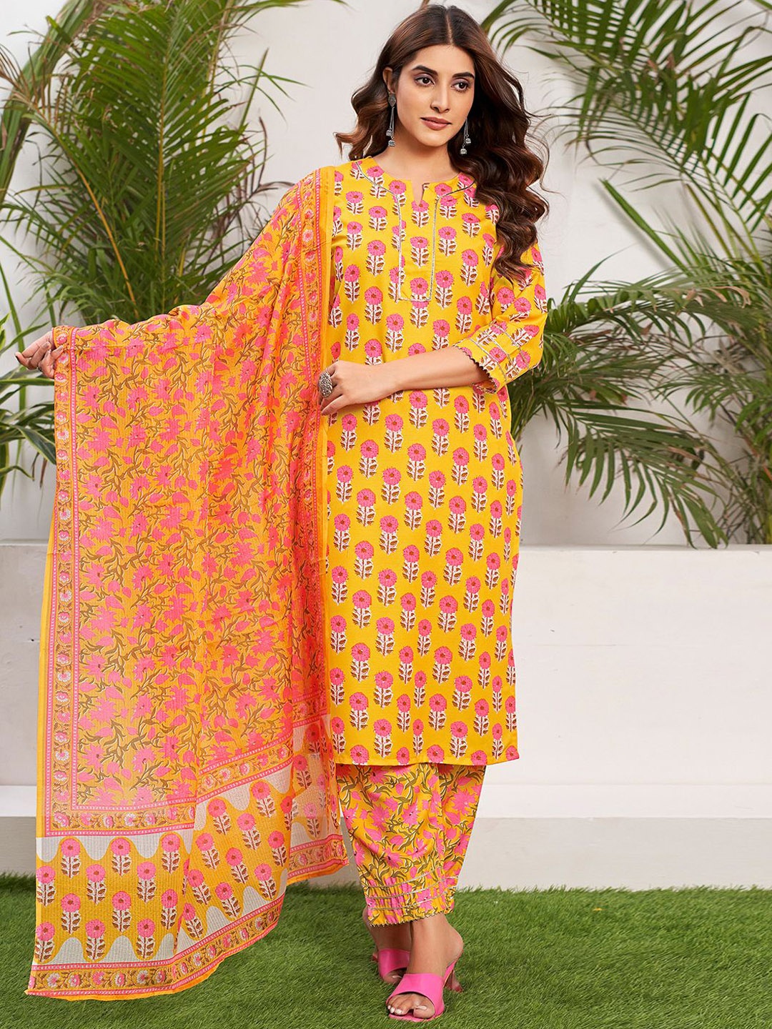 

KALINI Floral Printed Gotta Patti Kurta With Trouser & Dupatta, Yellow