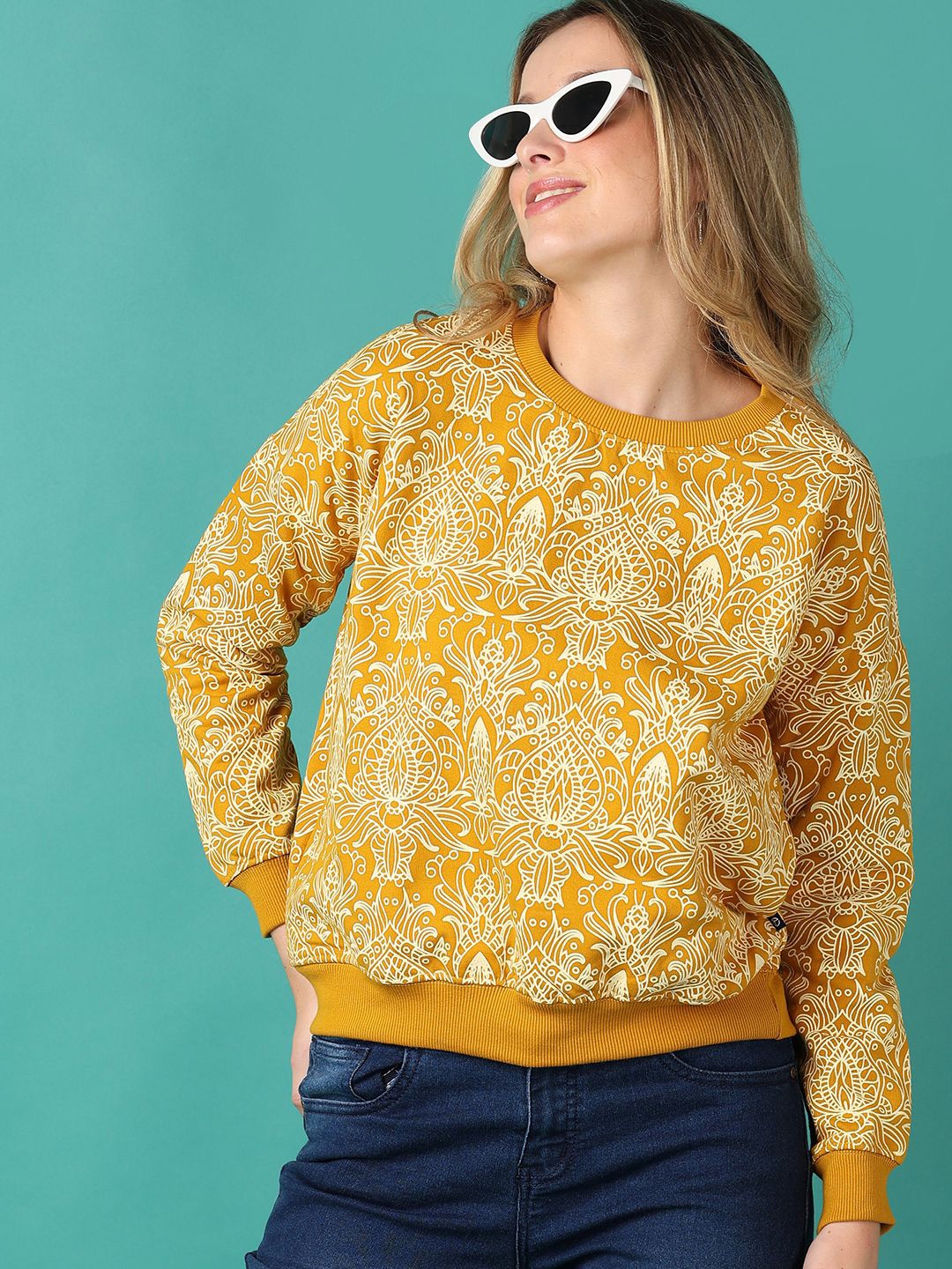 

V-Mart Women Abstract Printed Cotton Pullover, Mustard