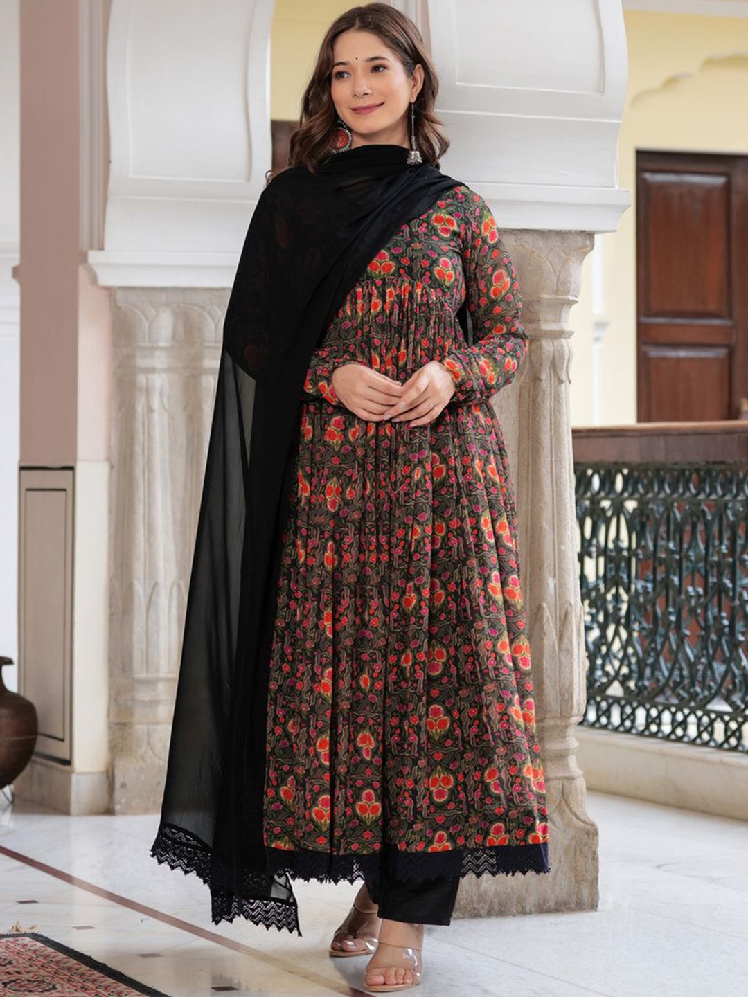 

Sitaram Designer Floral Printed Empire Georgette Anarkali Kurta With Trouser With Dupatta, Black