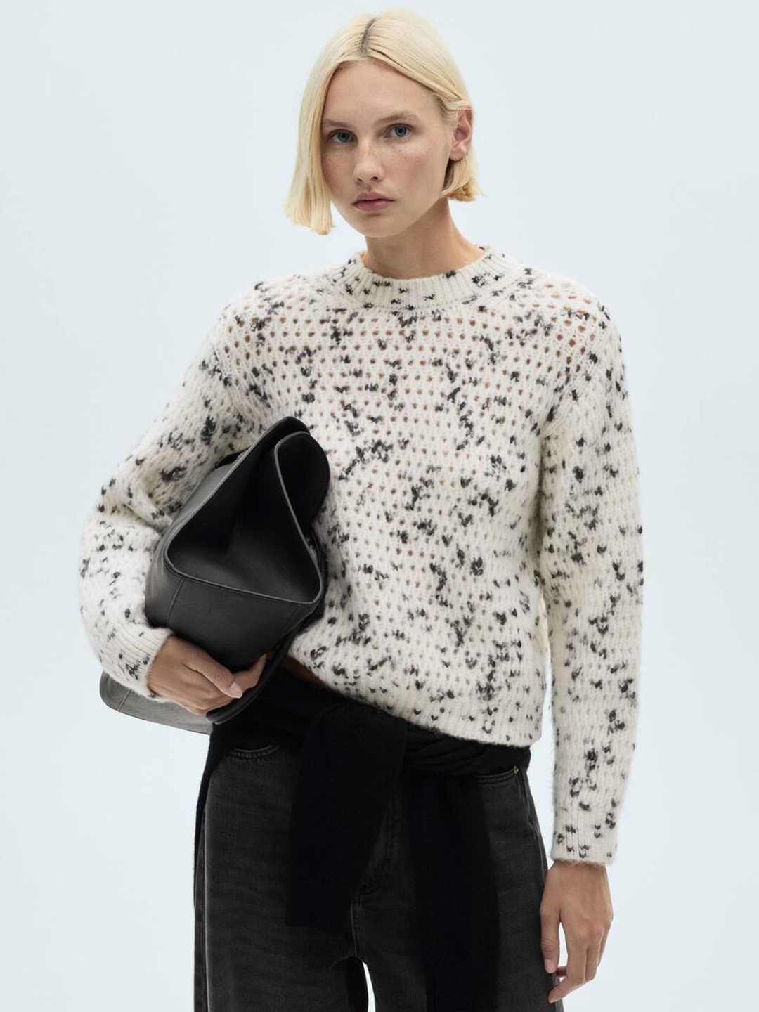 

MANGO Open Work Knit Speckled Pullover, Off white