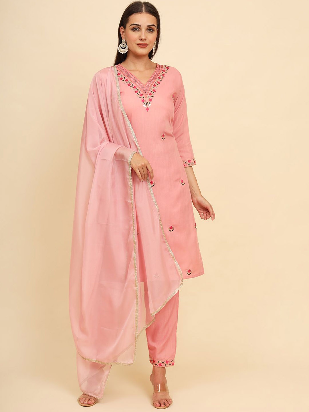

HERE&NOW Pink Floral Embroidered Straight Kurta With Palazzos & Dupatta