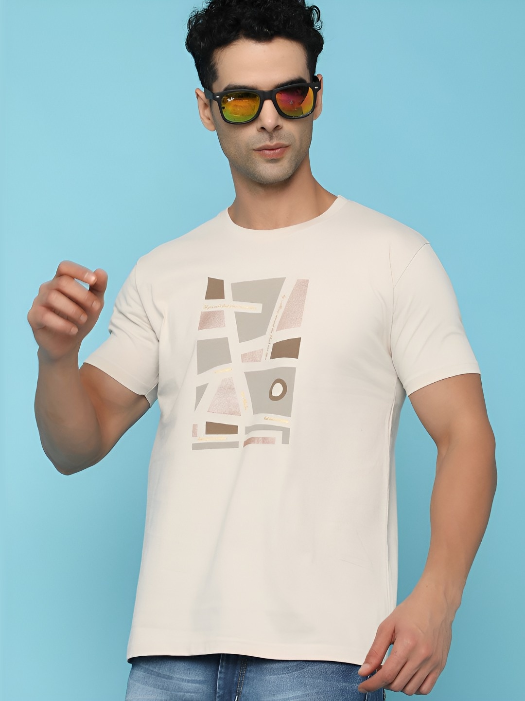 

V-Mart Men Graphic Printed Round Neck Cotton T-shirt, Beige