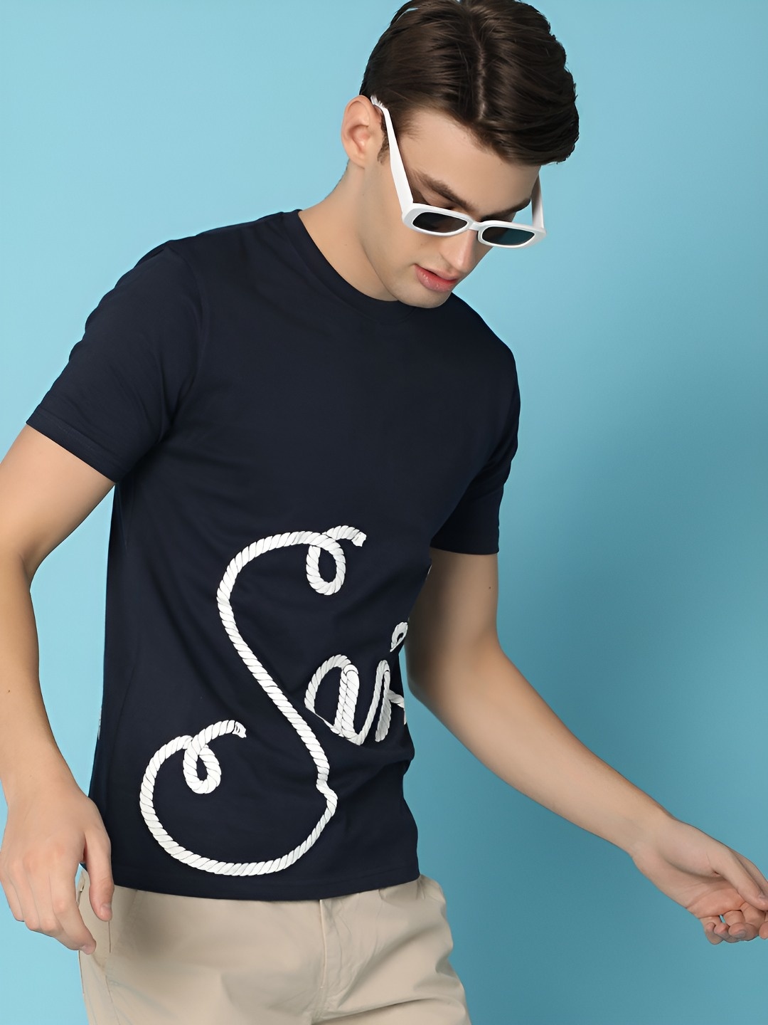 

V-Mart Men Typography Printed Round Neck Cotton T-shirt, Navy blue