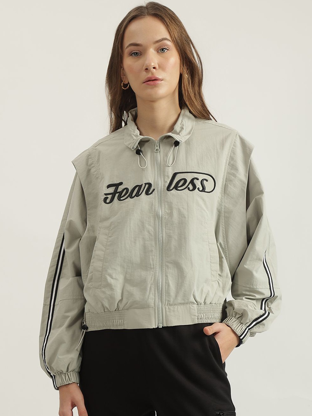 

Iconic Women Spread Collar Typography Printed Casual Bomber Jacket, Cream