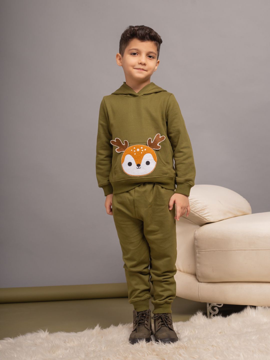 

Budding Bees Boys Fox Embroidered Hooded Cotton Fleece Sweatshirt With Joggers, Green