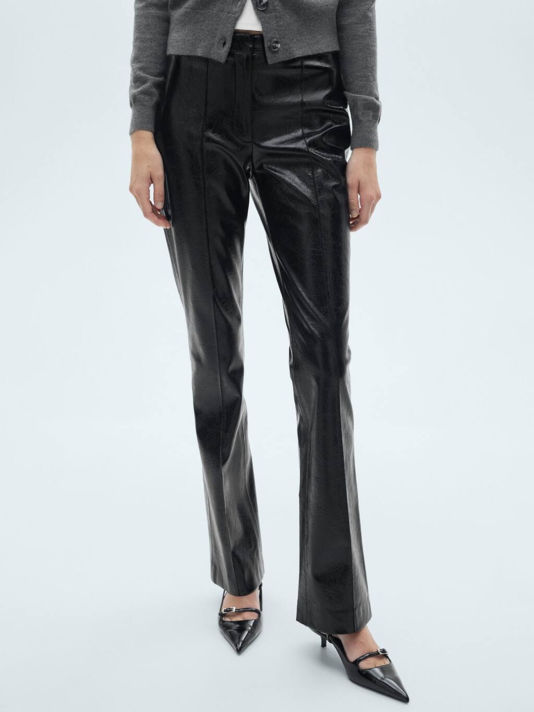 

MANGO Women Faux Leather Trousers, Black