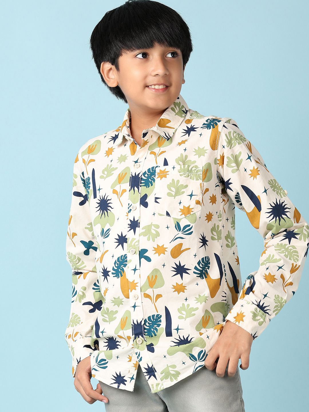 

V-Mart Boys Spread Collar Floral Printed Cotton Casual Shirt, Beige