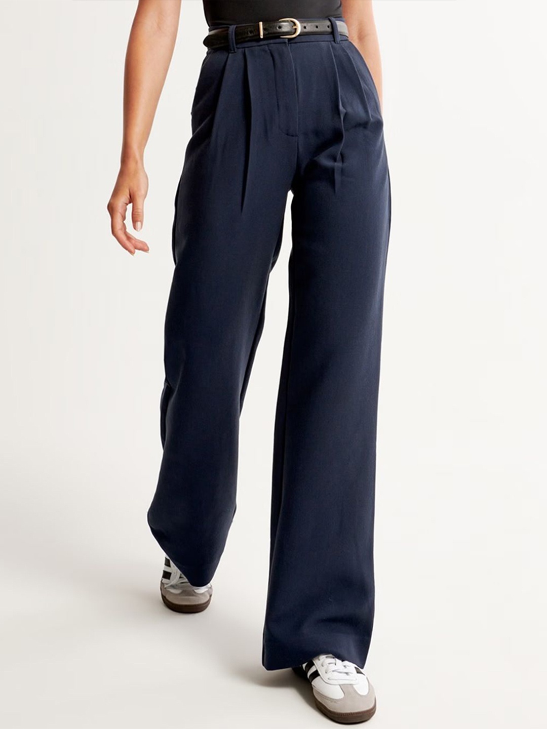 

FNOCKS Women Tailored Loose Fit Wide Leg Trousers, Navy blue