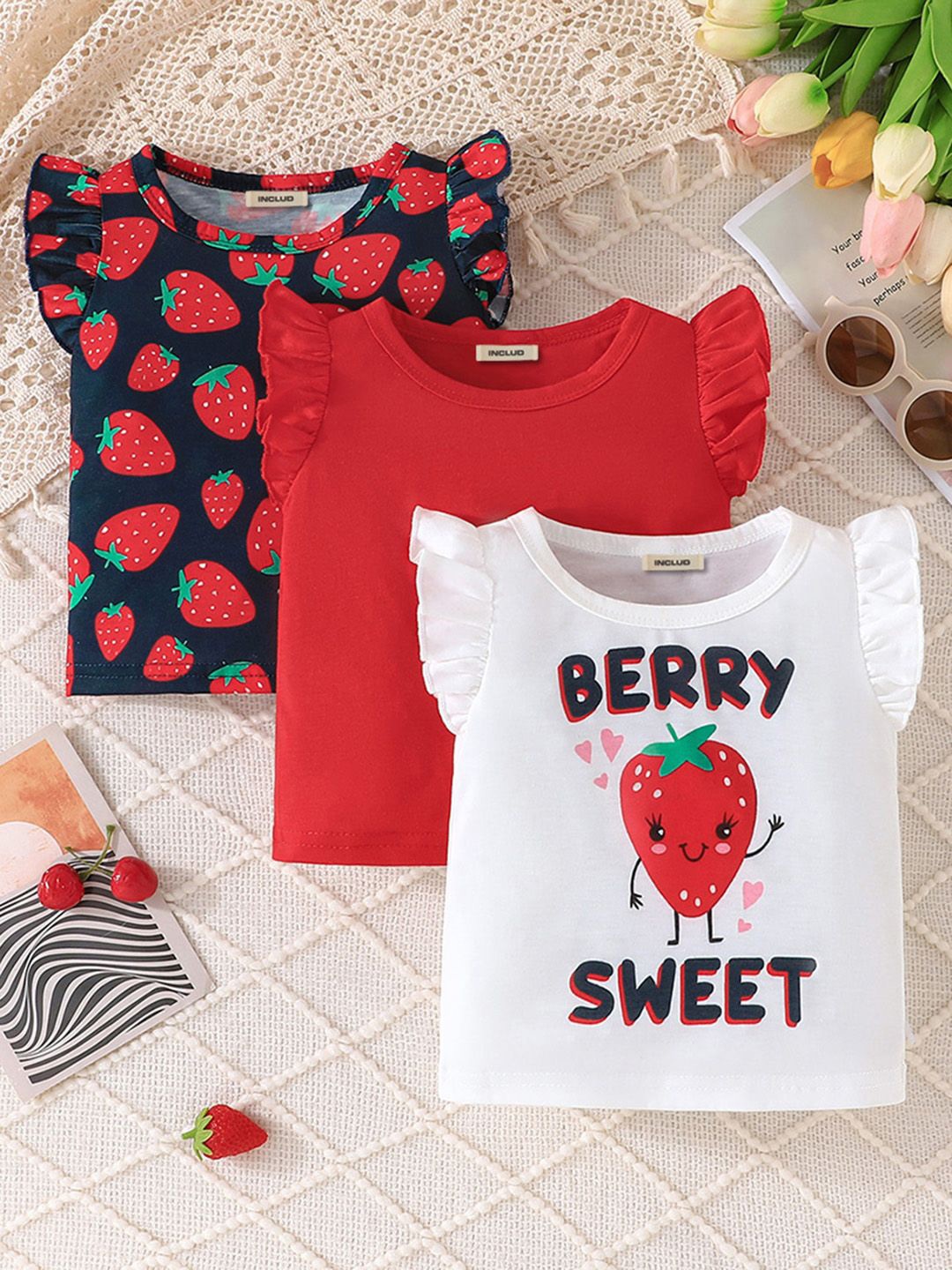 

INCLUD Girls Pack Of 3 Printed Flared Sleeve Top, Red