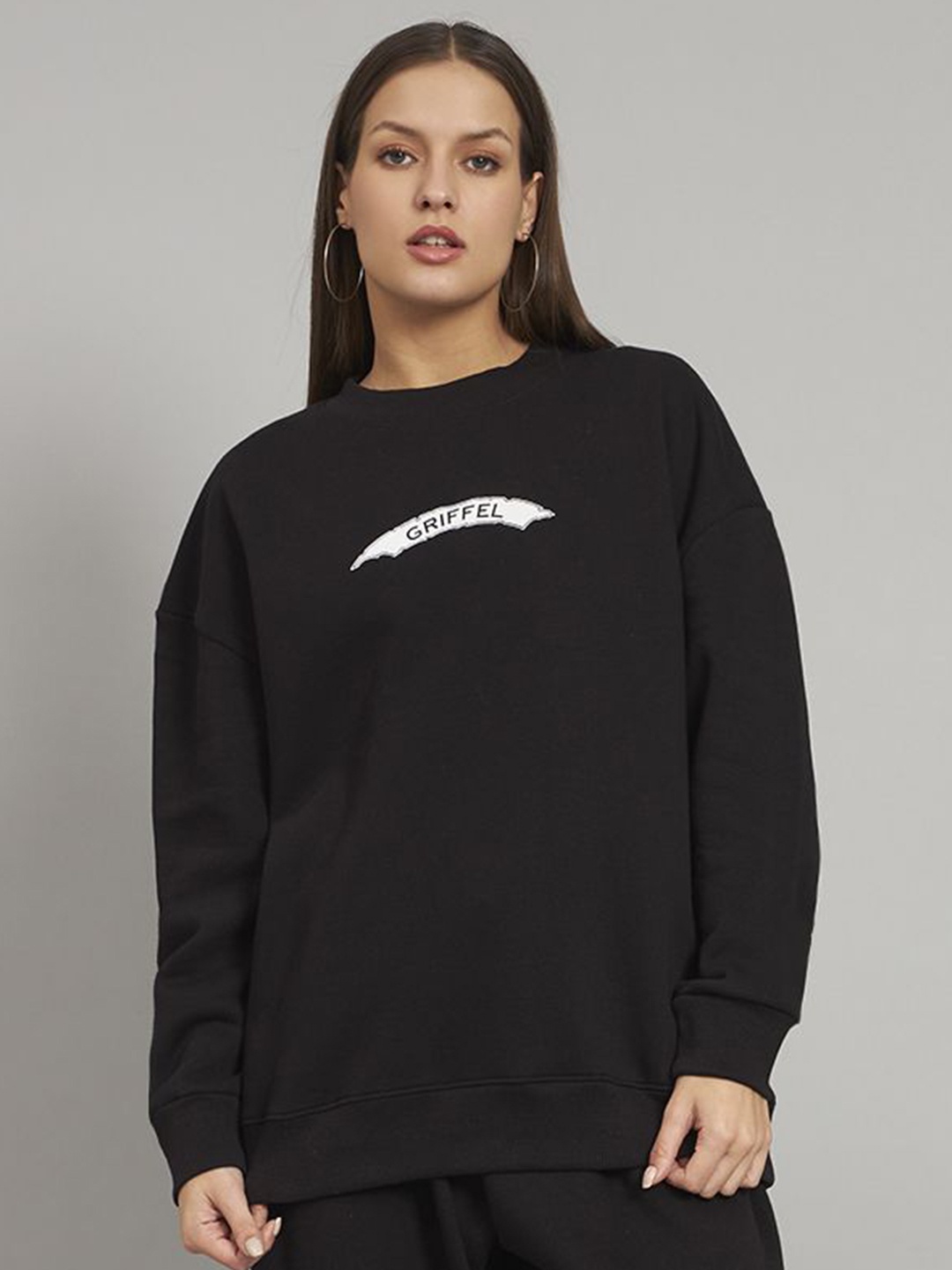 

GRIFFEL Women Typography Printed Sweatshirt, Black