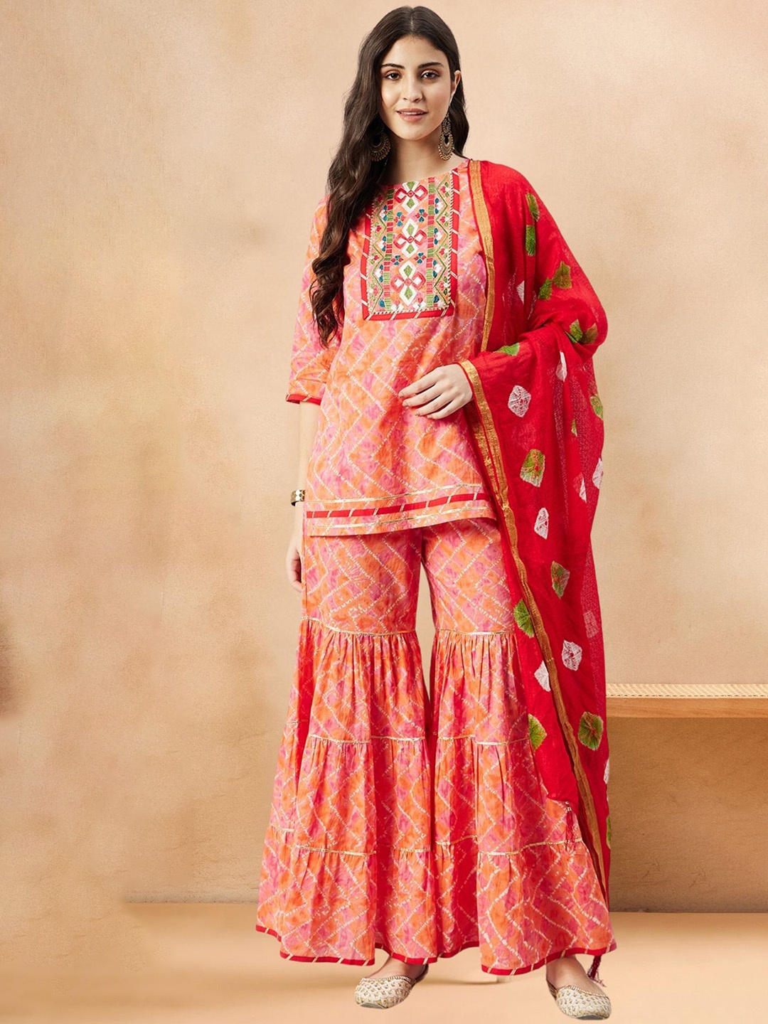 

WineRed Floral Embroidered Thread Work Pure Cotton Kurta with Sharara & Dupatta, Orange