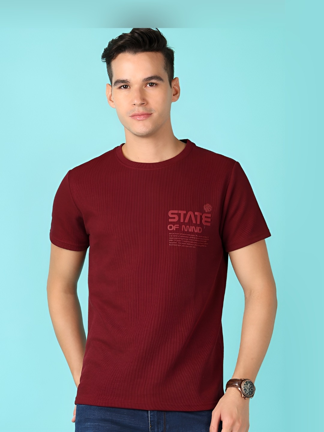 

V-Mart Men Typography Printed Round Neck Cotton Slim Fit T-shirt, Maroon