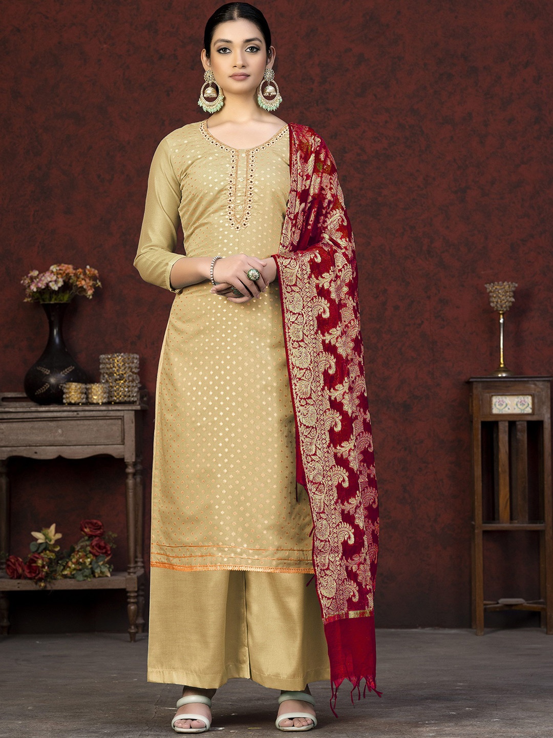 

Maroosh Ethnic Motifs Embellished Unstitched Dress Material, Beige