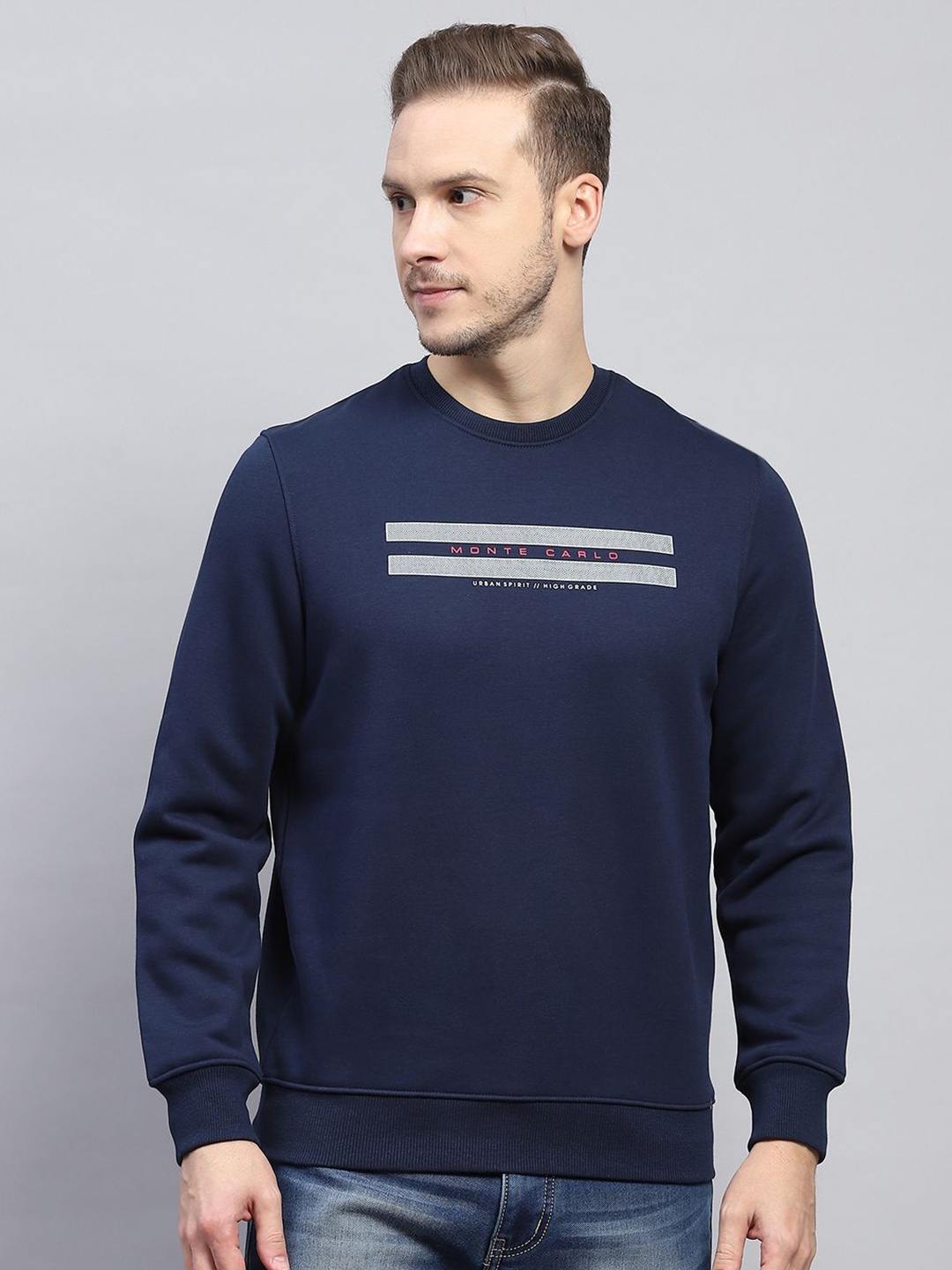 

Monte Carlo Men Cotton Navy Blue Round Neck Full Sleeves Pullover Printed Sweatshirt