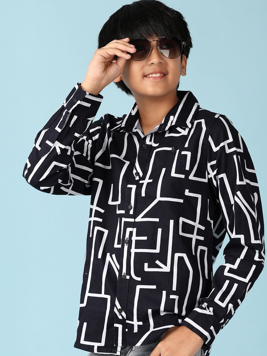 

V-Mart Boys Spread Collar Geometric Printed Cotton Casual Shirt, Black