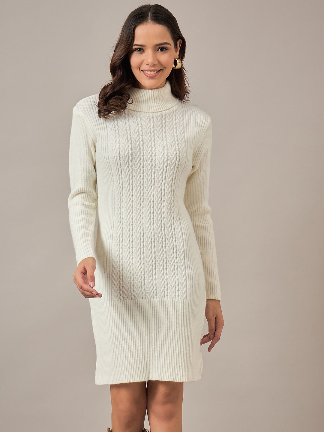 

The Roadster Lifestyle Co Women Woollen Self-Design High Neck Sheath Dresses, Off white