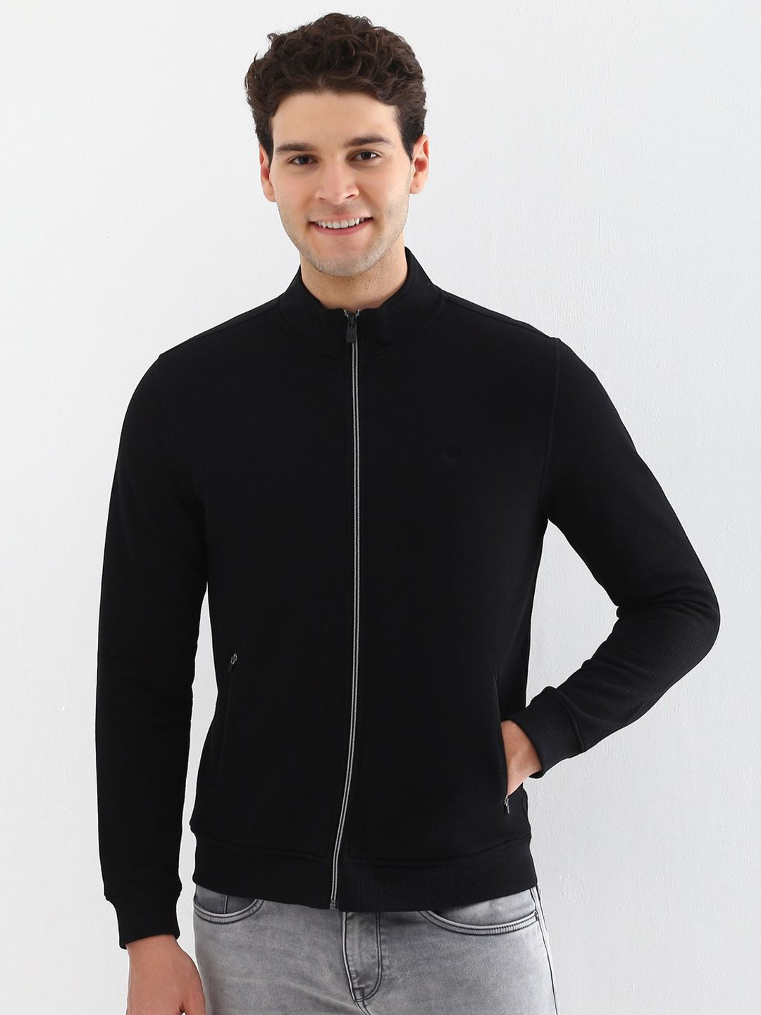 

Allen Solly Men High Neck Front-Open Sweatshirt, Black