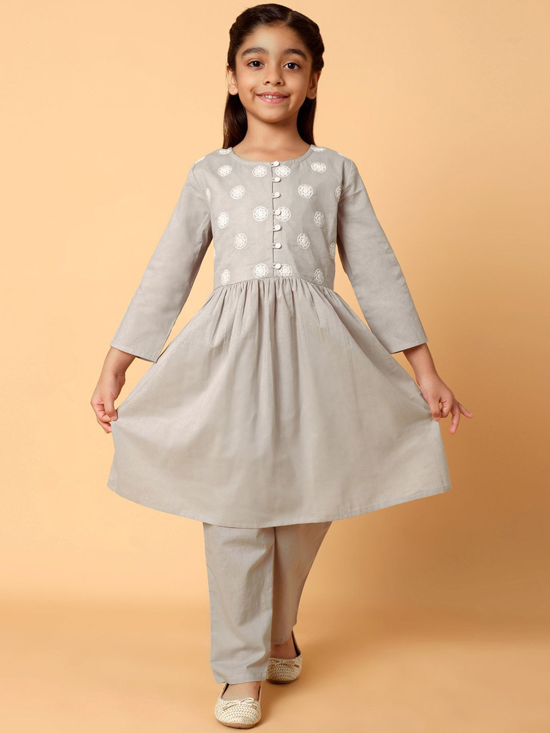 

Indo Era Girls Floral Embroidered Thread Work A-Line Kurta with Trousers, Grey