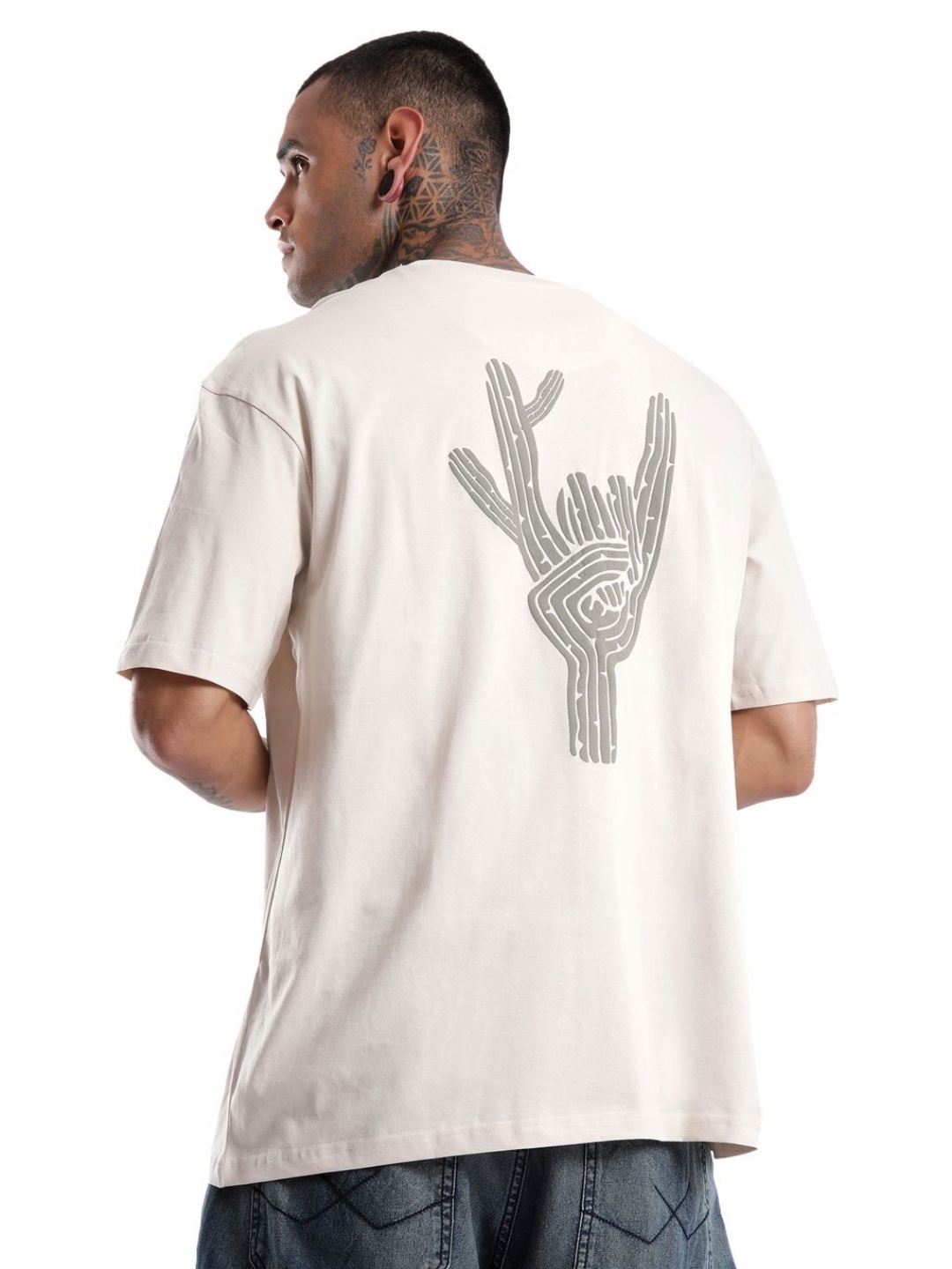 

WROGN Men Abstract Printed Round Neck Cotton Oversized T-shirt, Beige