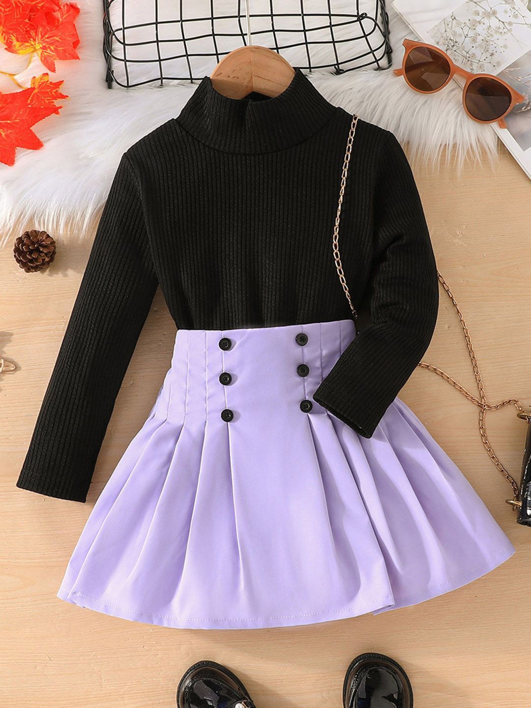 

INCLUD Girls Self Design High Neck Long Sleeves Top With Skirt, Black