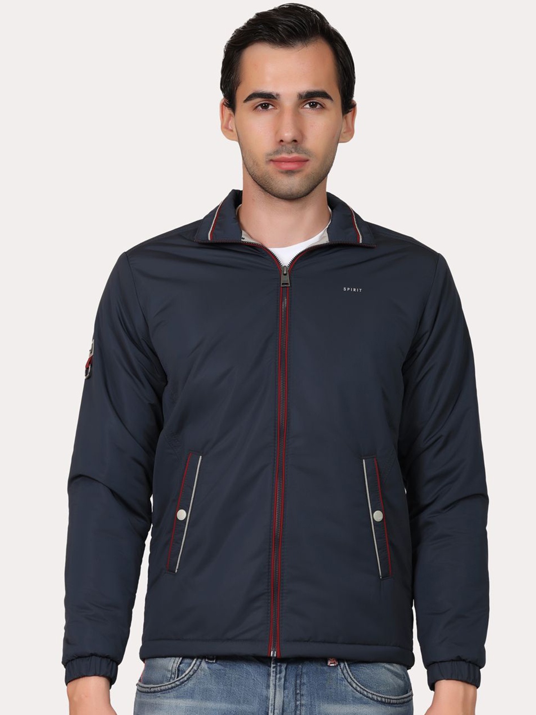 

Spirit Men Mock Collar Solid Casual Tailored Jacket, Navy blue